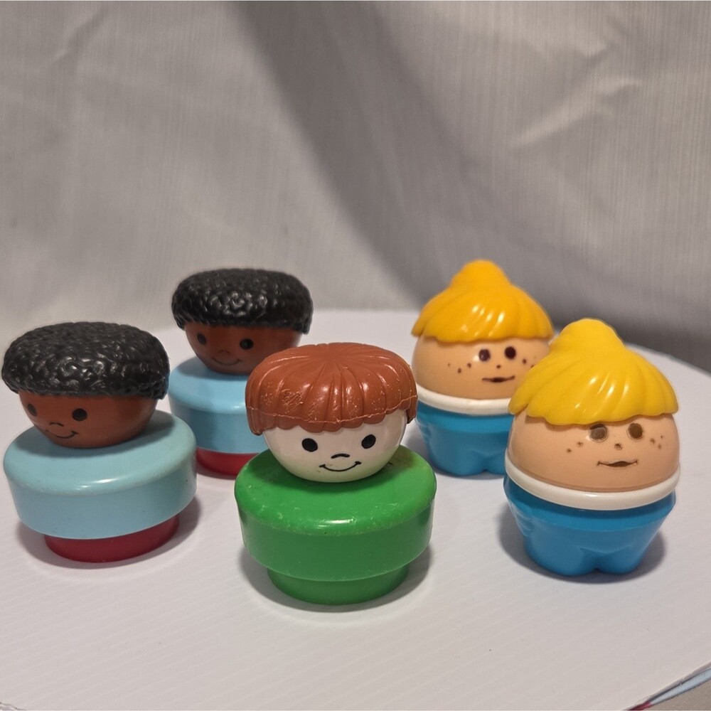 VTG 1990 Fisher Price School Chunky Little People Brown boy Blonde girl lot x5